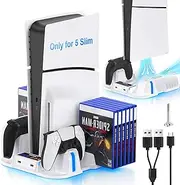PS5 Slim Cooling Stand with Controller Charging Station for PS5 Slim Console(Digital/Disc), PS5 Slim Accessories Incl. 3 Levels Cooling Fan, 12 Pcs Game Storage for Playsation 5 Slim, White