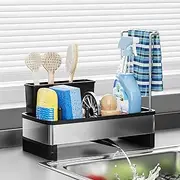 Cevadama Kitchen Sink Caddy Storage with Dishcloth Holder Rack & Brush Holder and Self Drain Tray,Sponge Holder for Sink,304 Stainless Steel,Soap Dispenser Storage Accessories,Black