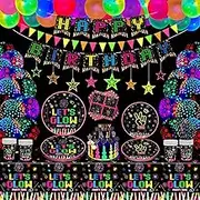 LKITMIUT 178 PCS Glow Neon Party Supplies in The Dark Decorations BlackLight Tableware Set - Plates, Banner, Fluorescent Balloons, Tablecloths, Hanging Stars, Cups, Napkins Serves 20