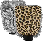 Leopard Print Brown Beige Wash Mitt Car Washing Scratch Free Soft Auto Cleaning Supplies Scrub Pad Absorbent Chenille Microfiber, Large x 2 Pack