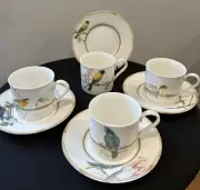 Porcelain Set Of 4 Barahona Pedernales Bird Coffee/ Tea Cups And Saucers