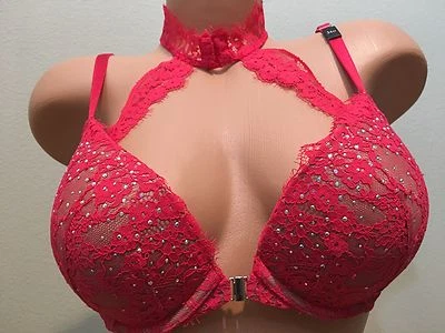 NWT VICTORIA'S SECRET VERY SEXY PUSH-UP BRA HIGH NECK RED LACE RHINESTONE 34 DD