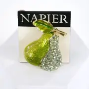 NAPIER Women's GREEN PEAR BROOCH with LEAF & Faux CRYSTAL Accents GOLD Tone PIN