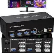 8K Displayport KVM Switch 3 Monitor 2 Computer 8K 60Hz 4K 120Hz DP KVM Switches Triple Monitor for 2 PC Share 4 USB Ports Support Extended & Copy Display Mode Wired Controller and 12V Adapter