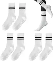 [TUONYIS] 3 Pairs Yoga Grip Socks Women, Non-Slip Yoga Socks, Ladies Mid-Calf Grip Sock, Yoga Pilates Socks for Women Girl, Non Skid Cotton Socks, for Home Ballet Sport Fitness Running (White, One size)