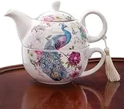 Bits and Pieces - Tea for One Peacock Porcelain Teapot and Cup Set - Elegant Peacock Design with Delicate Tassel on Teapot Handle Makes Great Decoration - Includes Decorative Gift Box