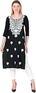 [ladyline] Plain Rayon Tunic Kurti Chikankari Embroidered Kurta Top for Womens