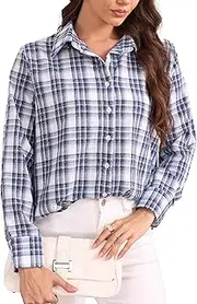 [SUNNOW] Women's Blue White Plaid Embellished Shirt Sparkle Detail Blouse Dressy Casual Button Down Tops
