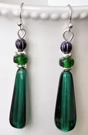 Beautiful Silver, Iridescent Bead and Green Glass Teardrop Earrings.