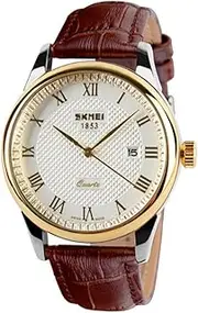 [MIE] Men’s Unique Roman Numeral Fashion Design Quartz Analog Waterproof Wrist Business Casual Watch with Stainless Steel Case, 98ft 30M 3ATM Water Resistant, Comfortable PU Leather Band - Brown Gold