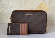 MICHAEL KORS JET SET EAST WEST SHOULDER CROSSBODY BAG + WALLET MK BROWN