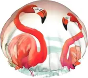 Two Red Flamingos Shower Cap Reusable Waterproof Shower Bonnet for Women Men Elastic Band Bath Hair Hat Double Layered Washable Bath Cap for All Hairstyles, Travel-Friendly