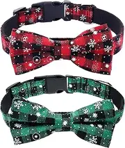 Malier 2 Pack Dog Collar with Bow tie, Christmas Classic Plaid Snowflake Dog Collar with Light Adjustable Buckle Suitable for Small Medium Large Dogs Cats Pets (Medium)