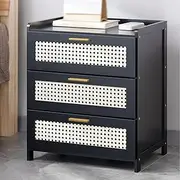 Imitation Rattan Woven Bedside Table with 3 Drawers, Bamboo Material Nightstand, Vintage Black Bed End Table, Side Cabinet, for Living Room Bedroom Furniture