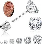 [Sanfenly] 6 Pairs Small Threadless Flat Back Stud Earrings, 20G Hypoallergenic 5A Cubic Zirconia Earrings Studs Piercing Sleeper Studs Jewelry for Sensitive Ears, Surgical Stainless Steel Stud Earrings Set for Women Men