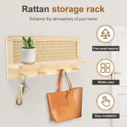 Rattan Rack Shelf with 4 Hooks Decorative Rattan Wall Rack Space Saving njbhs