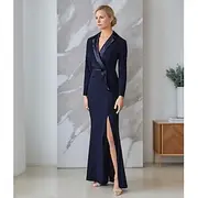 Sheath / Column Mother of the Bride Dress Tuxedo Dress Elegant Simple Minimalist V Neck Satin Lapel Floor Length Stretch Crepe Fabric Long Sleeve with Slit 202