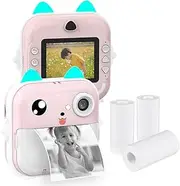 Portable Children Instant Thermal Print Kid Camera 2.4 Inch Screen Digital Camera P Selfie HD Video Thermal INKL Printing with 3 Rolls White Print Learning Toy Birthday Girls
