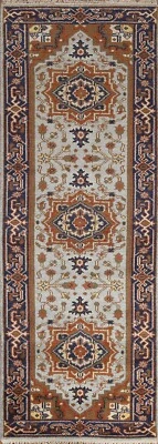 Light Blue Runner Rug Geometric Heriz Serapi 2' 7" x 7' 11" Handmade Wool Carpet