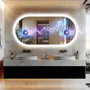 LUVODI Bluetooth LED Bathroom Mirror: 1200x600mm Oval Wall Illuminated Mirror with Bluetooth Speakers Dimmable 3 Colours Backlit, Anti-Fog, Memory Function, Smart Time Temperature Display