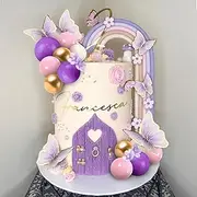 Rainbow Cake Topper Balls Cake Decor Boho Cake Topper with Balls Flowers Butterflies for Baby Shower Boys and Girls Birthday Themed Party Supplies (Purple Pink)