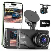 Dash Cam Front and Rear, 2.5K Dual Dash Camera for Cars W/ 64GB Card,3" IPS