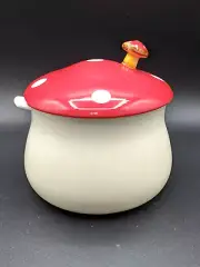 NEW - Ceramic Mushroom Jar Container Canister - Red with White Spots Top - Spoon