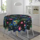 Tablecloth Peacock Feathers Rose Blossoms Round Tablecloth Waterproof Kitchen...