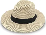 [VINGEYOKEY] Straw Hat for Women and Man Beach Hats Summer Sun Hat Panama Wide Brim Floppy Fedora Cap for Outdoor and Camping, Creamy-white, One Size