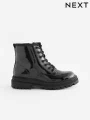 Black Patent Standard Fit (F) Warm Lined Lace-Up Ankle Boots (Q97832) | $63 - $79