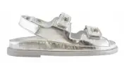 Chanel 22C Silver Laminated Star CC Logo Mule Slide Strap Flat Dad Sandal 35.5