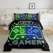 jejeloiu Gamer Bedding Set Twin Size Green Blue Gamer Comforter Set for Kids Boys Girls Star Print Duvet Set Modern Game Controller Quilt Set 2Pcs