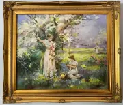 The Fair Ladies Picking Flowers in a Garden - Oil Painting - Ornate Gold Frame