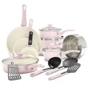 16pc Greenlife Soft Grip Handle Aluminium Non-Stick Cookware Set Quartz Pink