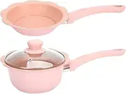Nonstick Baby Food Cookware Set with Glass Lid, Pink Milk Pan and Frying Pan for All Stovetops, 20cm Volcanic Stone Coated Aluminum Pots Easy to wash
