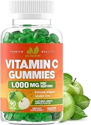 Vitamin C 1000mg Gummies - Maximum Strength Immune Support for Adults & Kids, Collagen Support for Skin - Sour Green Apple Flavor - Gluten Free, Non-GMO, 100% Vegetarian - 90 Gummies (30 Servings)