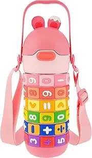 430ml Kids Insulated Water Bottle Stainless Steel Kid Cup with Silicone Straw Leakproof Water Bottle with Sealing Kid Tumbler with Handle Adjustable Shoulder Strap Cute Girls Boys Water Mug (Pink)