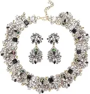 [JOERICA] Bib Statement Necklace for Women Chunky Choker Necklace and Earrings Set Vintage Rhinestone Statement Necklace Fashion Costume Set for Women