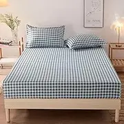 Bed Sheets,Cotton Check Stripe Fitted Sheet,Apartment Bedroom Single Double King Mattress Protector,Blue,180 * 200cm
