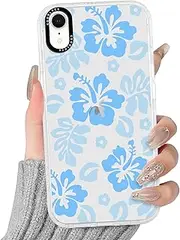 RUMDEY Clear Hibiscus Flower Case for iPhone XR 6.1", Cute Preppy Floral Crystal Pattern Aesthetic Design Soft Slim Anti-Yellow Protective Shockproof TPU Phone Cover for Women Girls - Blue