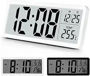 Digital Wall Clock Battery Operated, 20cm Bedside Clocks, Main Powered, Temperature, 12/24hr, Silent Kids Clock for Bedroom, Living Room, Office, Kitchen - White