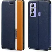 [Shantime] Classic Stripes Faux Leather Flip Case Compatible with Tecno Pop 6 Go, Invisible Magnetic Cover with Card Slot, Contrast Color Design(Blue)