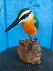Hand-crafted Wooden Kingfisher on Drift Wood Bird Figurine 7" inches