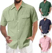 [Generic] Men's Shirts Summer Top Shirt Solid Color Pocket Single Breasted Shirt Cotton and Shirt Short Sleeve Top Big and Tall Mens Tee Shirts