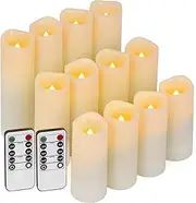 [Enido] 12 Pc Flameless LED Candles with Remote & Timer, Outdoor Waterproof, Flickering Electric Warm Lights for Cozy Home & Holiday Romantic Decor, Battery Operated (D 2.2” x H 4”/5”/6”