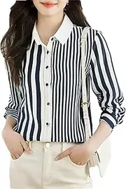 [Generic] Fashion Turn Down Collar Long Sleeve Striped Chiffon Blouse for Women Classic Business Shirt Tops
