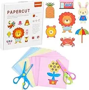 ASTARON Paper Cutting Set for Children Including 2 Children's Scissors and 100 Paper, Craft Scissors Children for Cutting Learning, Preschool Learning Toy for Toddlers Crafts
