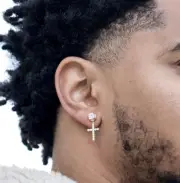 Men's Gold Plated Screw Back Stud Cz Cross Drop Dangle Huggie Hoop Earrings