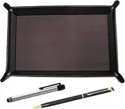 TRATYO-ALST-WD002-L Chevrolet Choco Color Cowhide Leather Pen Tray Metal Touch Stick Silver and Epoxy Rotating Ballpoint Pen Set Blue