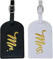 Tbecor 2 Pcs Mr Mrs Luggage Tags, Honeymoon Wedding Bridal Shower Gift, Cute Couple Travel Suitcase Tags (Black, White)